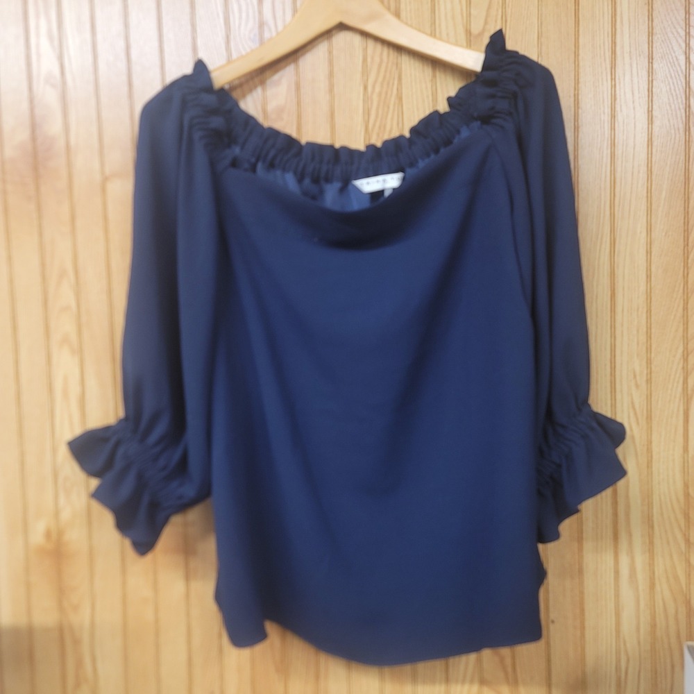 Trina Turk Navy Blue Off Shoulder Ruffle Sleeve Blouse Quiet Luxury Top Large